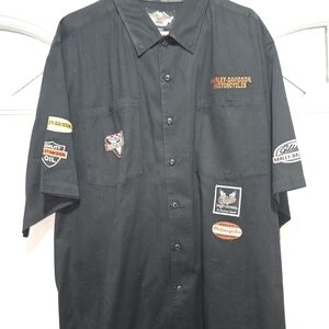 Harley-Davidson Black Short Sleeve Button-Up Shirt with Orange Logo Patches